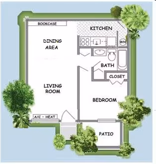 One-bedroom, one-bath apartment floor plan with an alternate layout