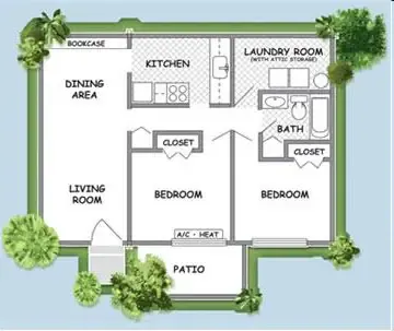 Two-bedroom, one-bath apartment floor plan at Heatherwood Apartments